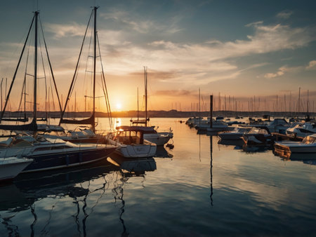 Boats and yachts moored in the harbor at sunsetの素材