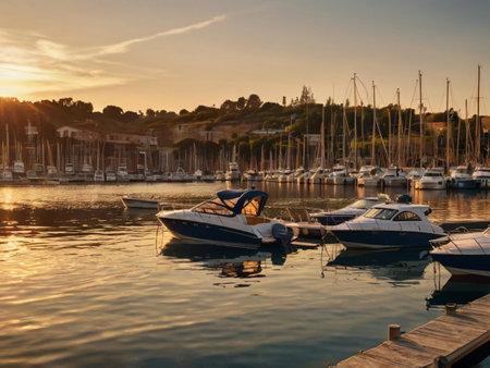 Boats moored in the port of Cannes at sunset, Franceの素材