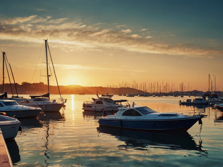 Boats and yachts in the harbor at sunset. Beautiful seascape.の素材