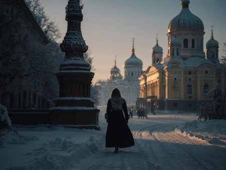 Beautiful young woman walking in the winter park and looking at the Cathedral of Christ the Saviorの素材