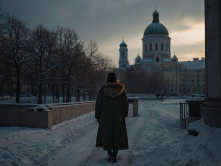A young woman in a green coat walks along the street in winter.の素材