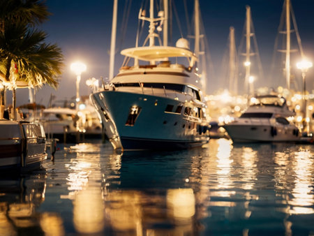 luxury yachts in marina at night, shallow depth of fieldの素材