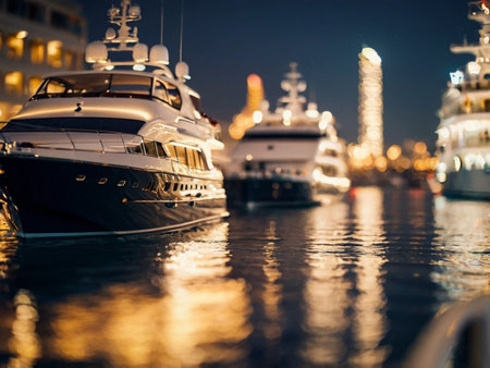 Luxury yachts moored in the harbor at nightの素材