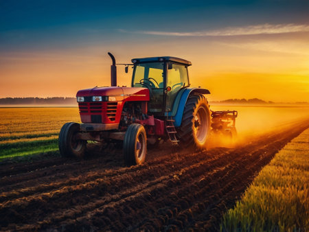 Tractor with seeder at sunset. Tractor with seeder at sunset.の素材