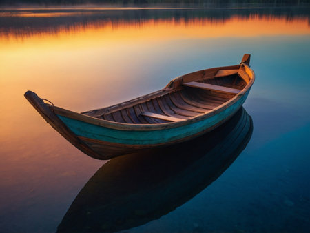 Fishing boat on the lake at sunrise. Beautiful natural background.の素材