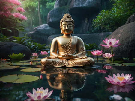 Buddha statue in the pond with lotus flower background.の素材