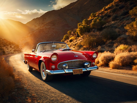 Classic american car on the road in the mountains at sunset.の素材