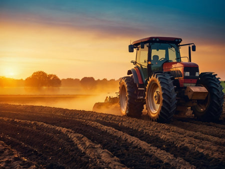 Farmer with tractor on the field at sunset. Tractor preparing land for sowingの素材