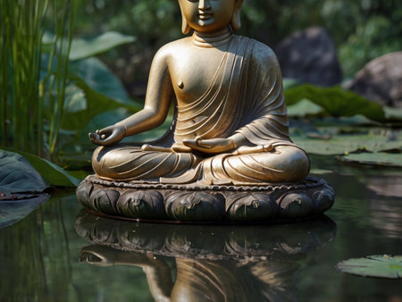 Buddha statue in the pond with lotus leaf background.の素材