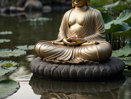 Buddha statue in the pond with lotus leaf background.の素材