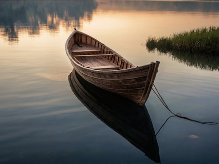 Wooden boat on the lake in the morning with reflection in waterの素材