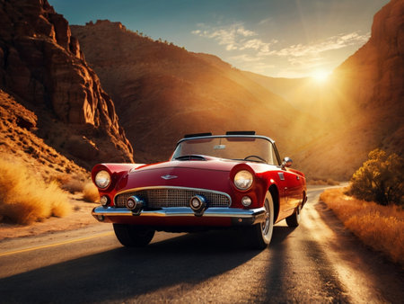 Vintage american car on the road in the desert at sunsetの素材