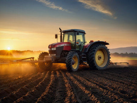 Tractor plowing the field with a seedbed cultivator at sunsetの素材