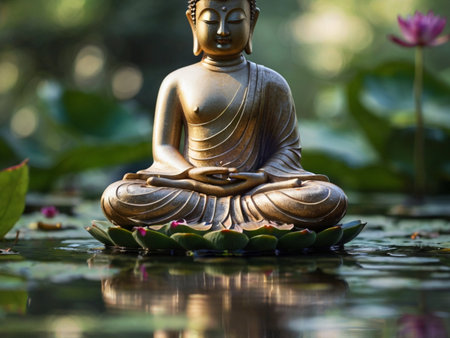 Buddha statue in lotus pond with lotus flower.の素材