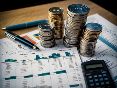 Coin stack with finance graph and calculator on wood table, business conceptの素材