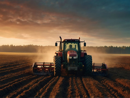 Farmer in tractor preparing land with seedbed cultivator at sunriseの素材