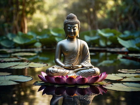 Buddha statue in the lotus pond with lotus leafの素材