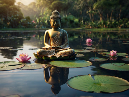 Buddha statue and lotus flower in the pond at sunsetの素材