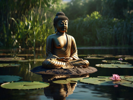 Buddha statue in the pond with lotus flower background.の素材