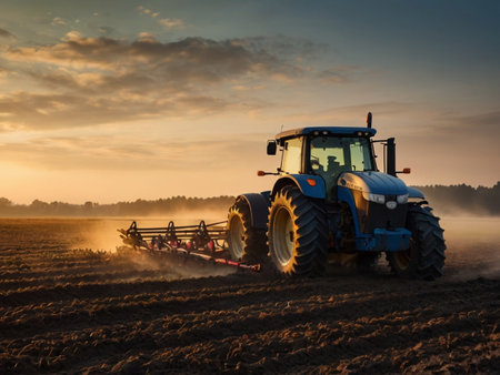 Farmer in tractor preparing land with seedbed cultivator at sunsetの素材