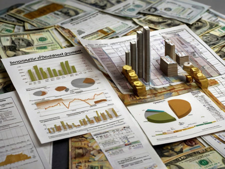 Business and finance concept with graphs, charts and coins on the tableの素材