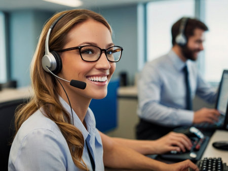Portrait of smiling female customer support operator with headset using computer in officeの素材