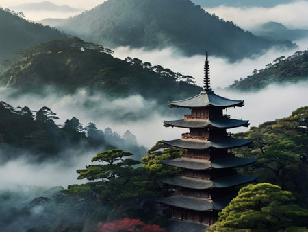 Pagoda in the morning mist, a famous landmark in Japanの素材