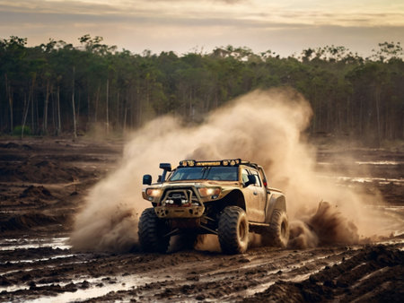 Off-road vehicle on the muddy road during off-road raceの素材