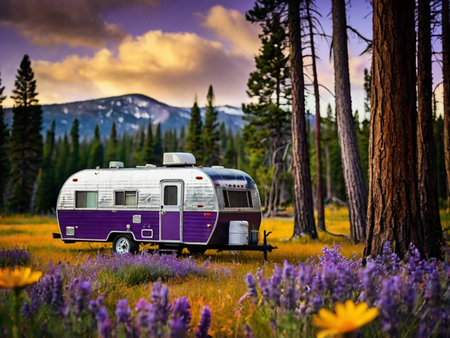 Camper in the wildflowers meadow in Yosemite National Park, California, USA.の素材