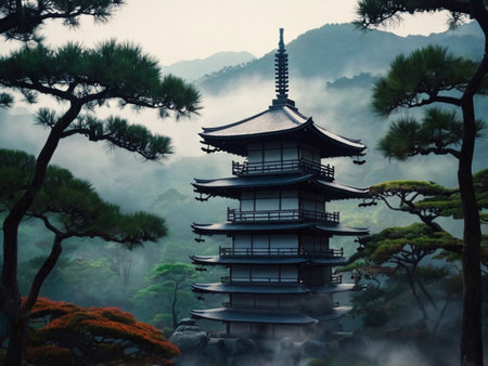Japanese pagoda in a Japanese garden with pine trees on the backgroundの素材