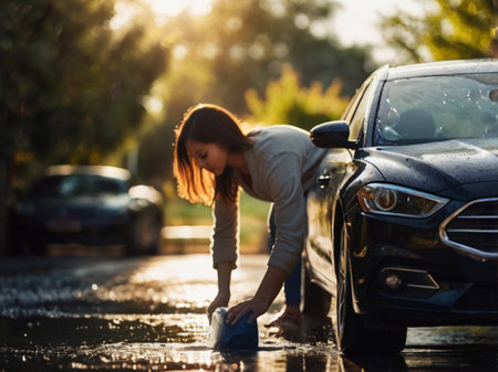 Young woman washing her car with a sponge in a puddle.の素材