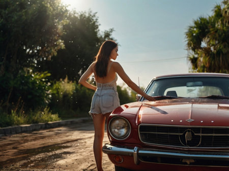 Beautiful young brunette woman in shorts and tank top standing near the old car.の素材