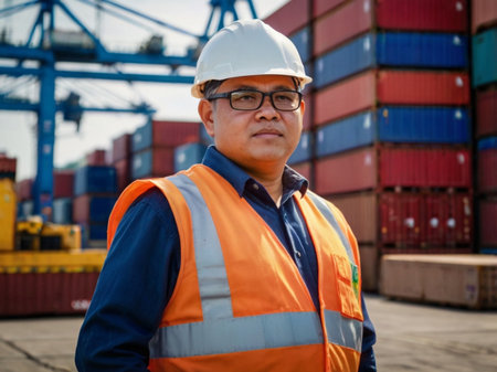 Portrait of Asian male worker wearing safety helmet and reflective vest working in cargo port.の素材