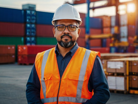 Portrait of Asian male engineer wearing safety helmet and reflective vest working in container yard.の素材