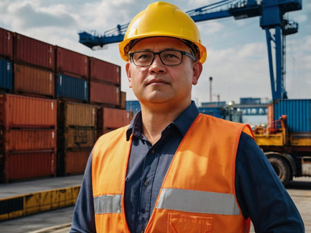 Portrait of Asian male engineer wearing safety helmet and safety vest working in cargo port.の素材