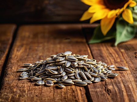 Sunflower seeds on rustic wooden background. Sunflower seeds.の素材