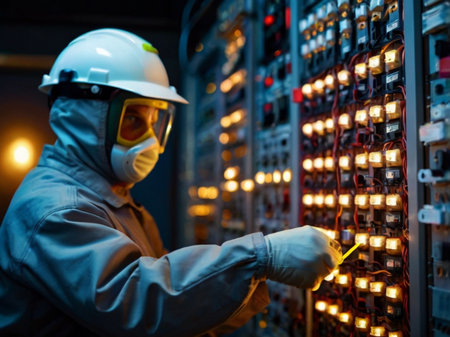 Electrician working in the control panel of a power plant. Electrical equipment.の素材