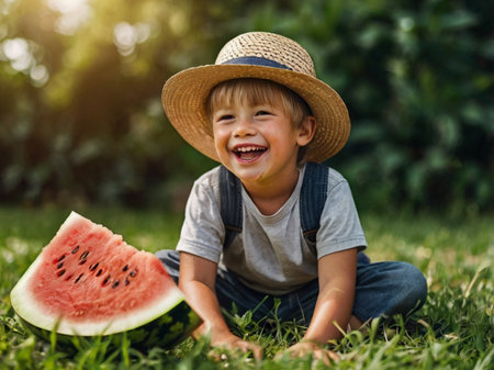 Happy little boy with watermelon in the garden. Summer concept.の素材