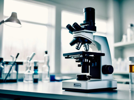 Microscope on table in laboratory, science research and development concept.の素材