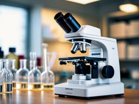 Microscope and test tubes on table in laboratory. Scientific research and development conceptの素材