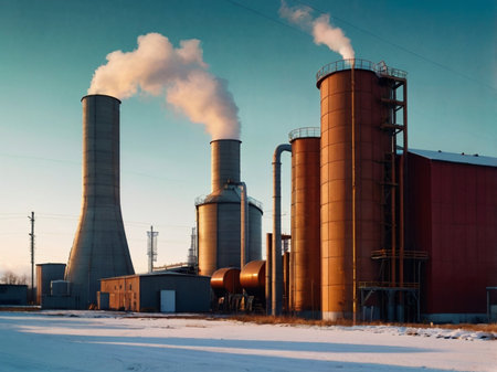 Industrial landscape with smoking chimneys of power plant in winter.の素材