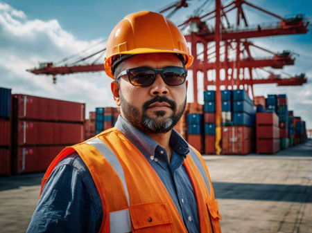 Portrait of Asian engineer wearing safety helmet and reflective vest working in cargo port.の素材