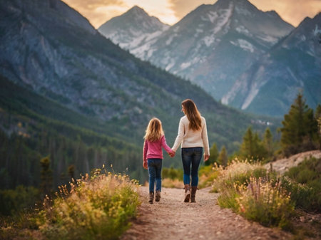 Back view of mother and daughter walking on a trail in the mountains.の素材