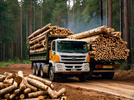 Truck with logs on a forest road. Logging industry.の素材