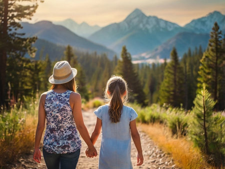 Back view of mother and daughter walking on trail in mountains at sunsetの素材