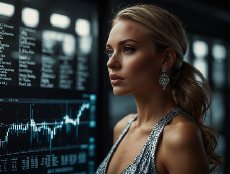 Portrait of a beautiful woman in a silver dress on the background of a stock exchange.の素材