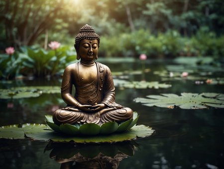 Buddha statue in the pond with lotus flower background.の素材