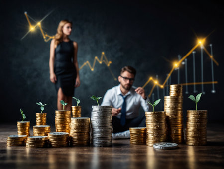 Investment concept, businessman and businesswoman with coins stacks and graphの素材