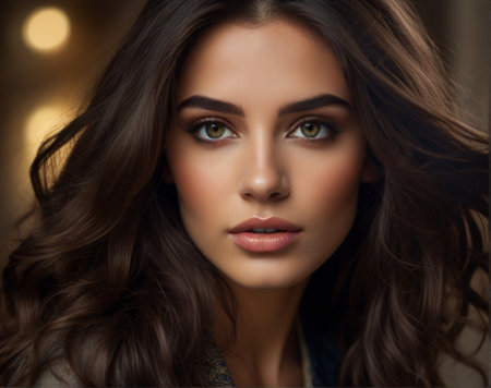 Portrait of beautiful young brunette woman with long curly hair.の素材