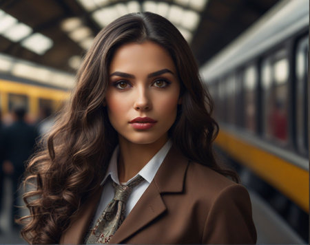 Portrait of a beautiful young brunette woman in a brown coat at the train station.の素材